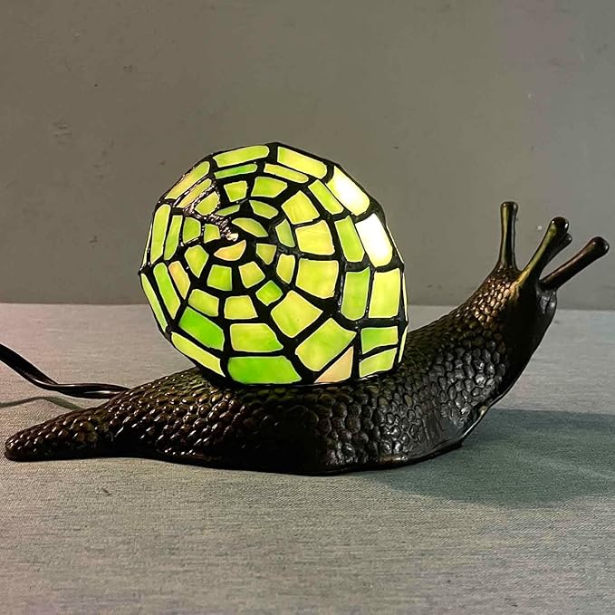 Bieye L10964 Land Snail Tiffany Style Stained Glass Accent Table Lamp for Home Decoration (Green, 10" D x 5" W x 5" H)