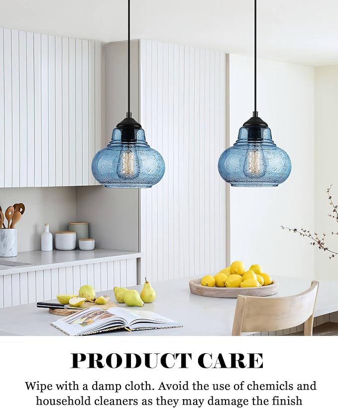 ELYONA 2 Pack Bubble Glass Pendant Lights 8 inch Modern Blue Hand Blown Globe Glass Pendant Lighting Hanging Light fixtures for Kitchen Island Dining Room Bar Bedroom Living Room