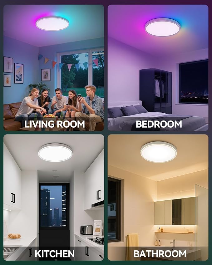 12 Inch Smart Ceiling Light, RGB+IC LED Flush Mount Light Fixture, 2400LM Dimmable, APP & Remote Control, 2700K-6500K DIY Color Ceiling Light for Bedroom Living Room, Works with Alexa & Google Home