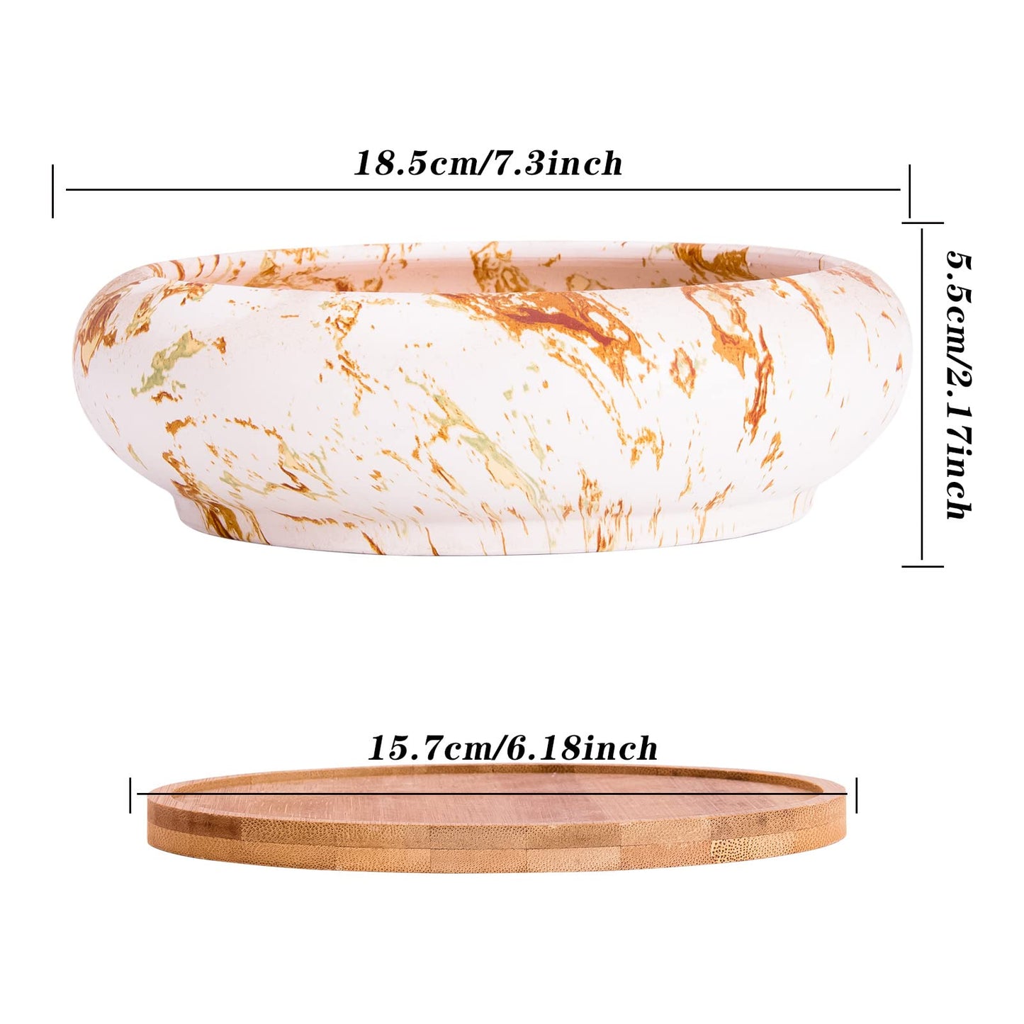 ARTKETTY Succulent Pots - 7.3 Inch Large Bonsai Pots with Drainage Tray, Ceramic Pots for Indoor Plants, Shallow Succulent Planters Marble Cactus Flower Plant Container Bowl