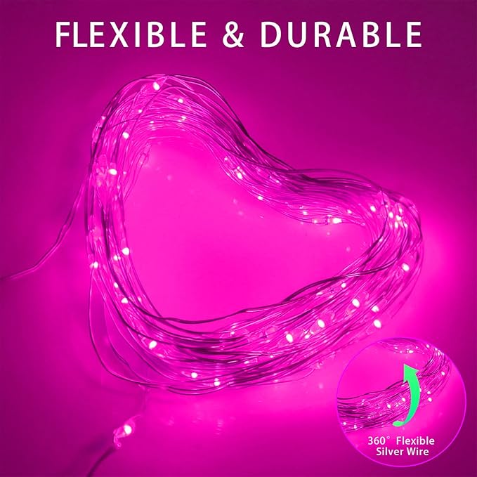 YAOZHOU Valentines Day Decorations Pink Fairy String Lights, Battery Operated with Timer, 2 Pack Total 33FT 100 Led Mini Battery Powered, Mason Jar Waterproof Firefly Christmas Lights DIY Party
