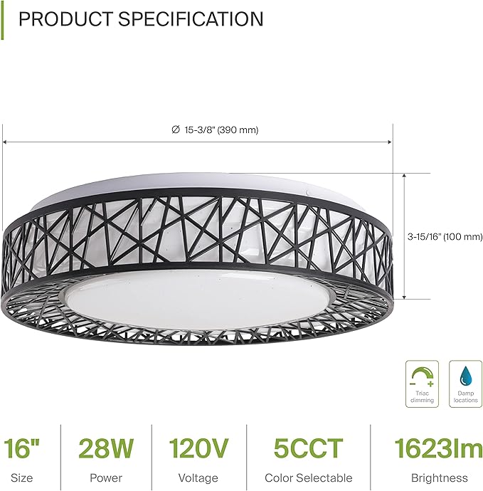 ASD 16 Inch LED Flush Mount Ceiling Light Fixture for Bedroom, 28W 1576LM 5CCT 2700K-5000K, Triac Dimmable Lights, Dining, Living Room, Kitchen Lamps, Modern Home Lighting Fixtures, Black, ETL