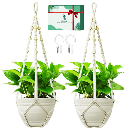 FGSAEOR Macrame Plant Holder Basket, Hanging 3-15 inch Pot, Bearing 20lb Planters, 35 Inches Extra Long Strong Boho Home Indoor Outdoor Décor (2-Pack) (Ivory)