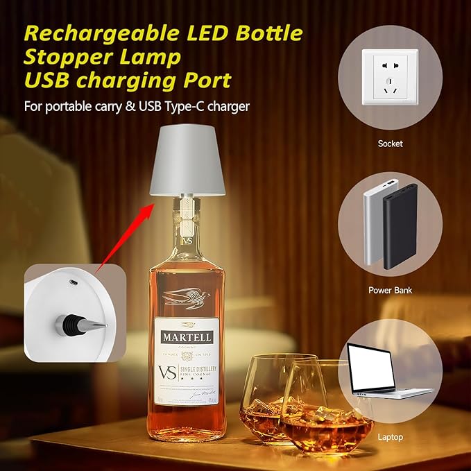 2025 New Wireless Bottle Lamp - LED Bottle Lights for Liquor & Wine Bottles, Cordless Lampshade, Whiskey Bottle Top Light, Bottle Stopper Night Light Kit, Rechargeable 3-Tone Touch-Dimmable