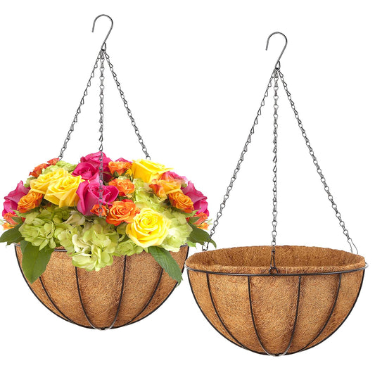 LCHUANG Hanging Baskets Planter for Plants - 2 Pack 10 Inch Metal Baskets with Coco Coir Liner, Hanging Flower Pots for Outside with Chain, Indoor Outdoor Garden Porch Decoration (10'' Pack of 2)