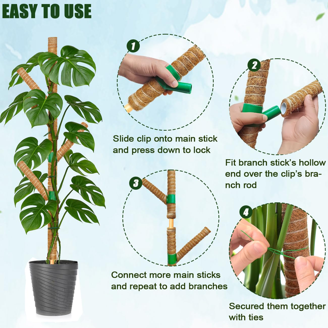 Moss Pole for Monstera Plant Support, 3 Pack 15.7'' Stackable Moss Poles for Climbing Plants, Indoor Garden Coco Coir Poles for Monstera Deliciosa, Pothos, Philodendron (15.7In x 3Pack)