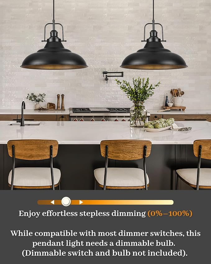 Black Pendant Light Kitchen Island,16 Inch Large Industrial Pendant Lights, Matte Black Pendant Lights, Vintage Farmhouse Pendant Light for Kitchen Island, Dining Room, Hallway (3 Packs)
