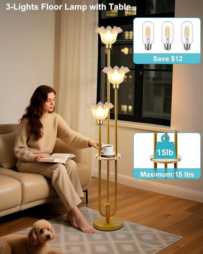Flower Floor Lamp for Living Room, Dimmable Vintage Floor Lamp with Shelf & LED Bulbs, 3 Light 3000K Soft Warmwhite Mid Century Gold Standing Lamp, Floral Tall Lamp for Bedroom