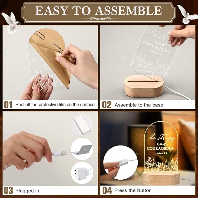 4 Pcs Christian Acrylic Night Light Bulk Mothers Day Religious Faith Church Gifts for Women Ladies Group Bible Verse Scripture LED Lamp with Wood Base for Easter Decor Men Clergy Pastor