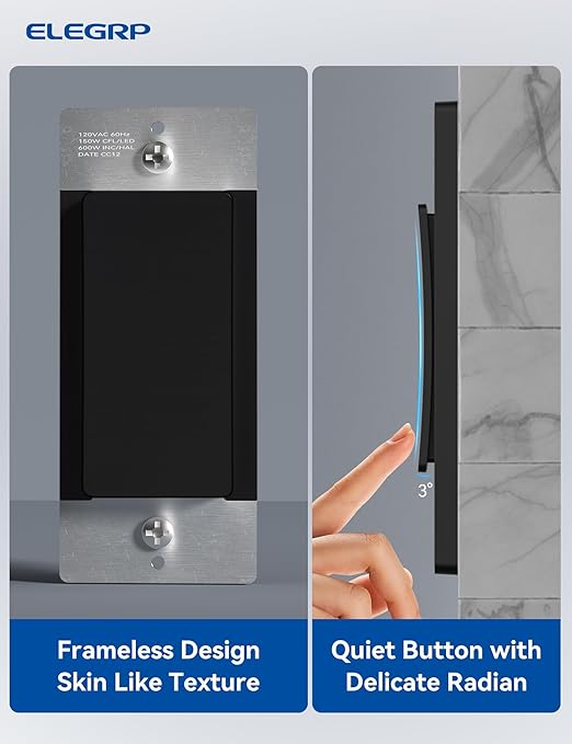 ELEGRP Smart Light Switch, 2.4GHz Wi-Fi Light Switch Compatible with Alexa & Google Assistant, Neutral Wire Required, APP Control and Timer Schedule, UL Certified,Single Pole, Black, 1 Pack