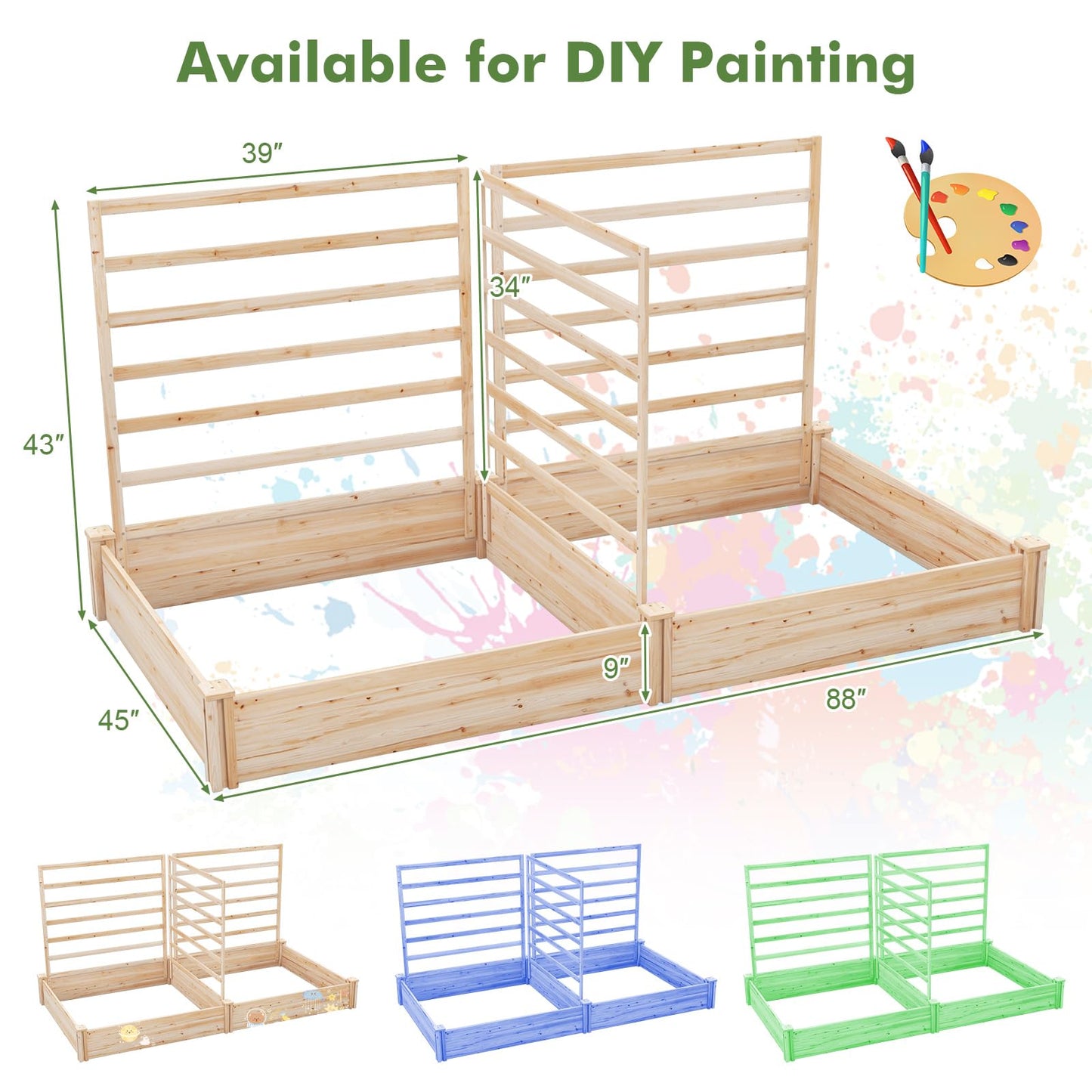 HAPPYGRILL Raised Garden Bed with 3 Trellises, Outdoor Wood Raised Bed w/ 2 Planter Boxes for Flowers, Vegetables, Fruits Climbing Vines, Elevated Garden Box for Yard Patio, 88" L x 45" W x 43" H