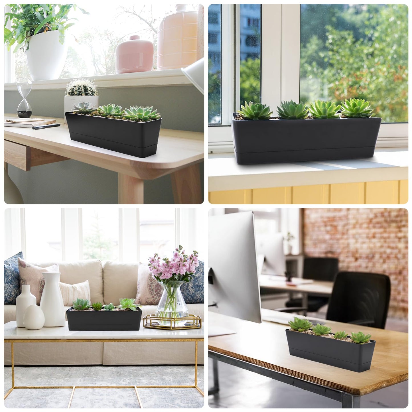 GREANER 12x3.8 Inch Herb Planters, 1 Pack Rectangle Window Boxes with Tray, Indoor Succulent Cactus Mint Plastic Pot for Windowsill, Balcony, Office, Outdoor Garden - Black