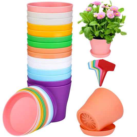 ADXCO 16 Pack 4 Inch Plastic Planters Assorted Flower Plant Pots Seedling Nursery Pots with Tray, Outdoor Indoor Plants for Seedling, Transplanting, Cutting, 8 Colors, Multicolor (AX1772)