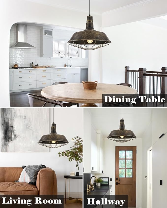 Brass Industrial Pendant Lights 2 Packs, 18.1 Inch Oversized Farmhouse Vintage Pendant Light, Black and Brass Barn Pendant Light with Wire Cage, Island Pendant Lights for Kitchen Warehouse