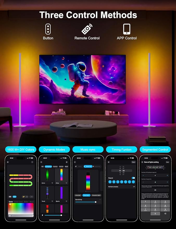 White Corner Floor Lamp 1 Pair, LED Corner Lamp with Remote Control, APP Control 16 Million Colors, Timing, Color Changing Ambient Lighting for Living Room, Bedroom, Gaming (Only One Adaptor)