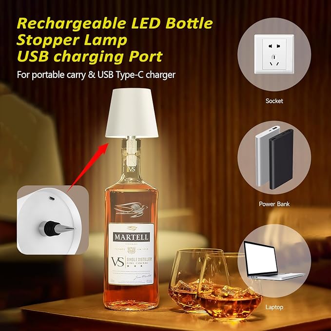 2025 New Bottle Lamp - LED Bottle Lights for Liquor & Wine Bottles, Cordless Lampshade, Whiskey Bottle Top Light, Bottle Stopper Night Light Kit, Black + White Two-Piece Set