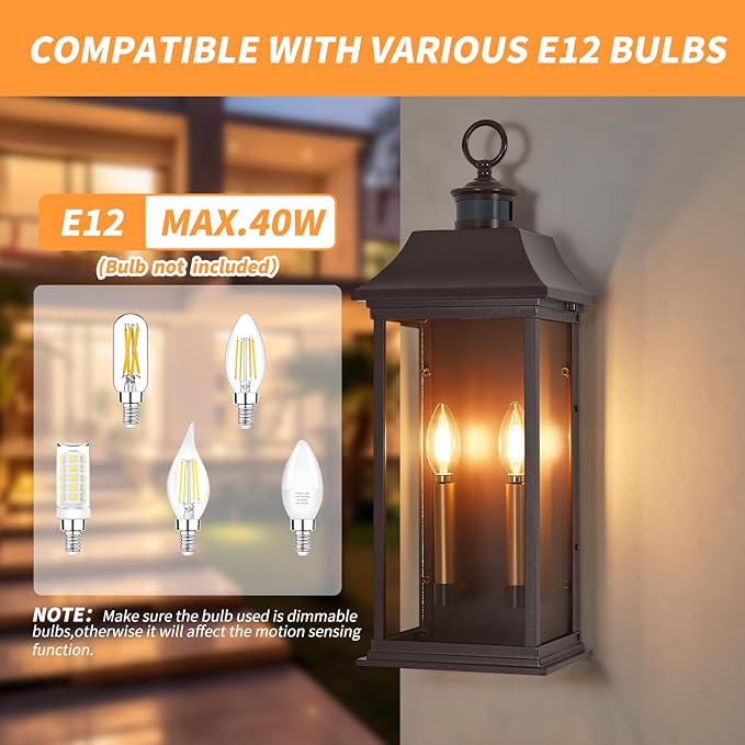 Dusk to Dawn Motion Sensor Outdoor Wall Lantern 2-Light,21.1" Large Exterior Wall Sconce Lighting,Modern Brown Wall Light Fixture with Glass, Waterproof Exterior Lamp for Patio, House, Porch, Garage