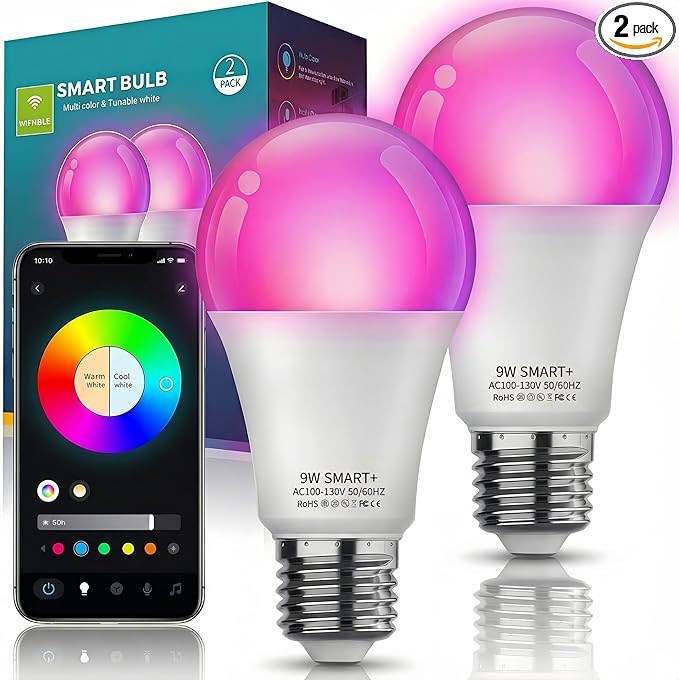 Smart Light Bulbs 2Pack, Color Changing Light Bulb Works w/Alexa Google Home, 9W A19 E26 800LM RGBTW Colored LED Bulbs, 50+ DIY Scenes, Music Sync, App & Voice Control WiFi Light Bulbs