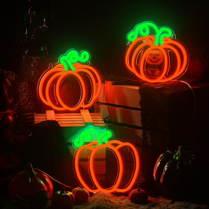 Treela 3 Pcs Fall Pumpkin Window Lights Halloween Neon Light Thanksgiving Neon Sign LED Light up Pumpkin Decor for Bedroom Home Kitchen Harvest Decorations