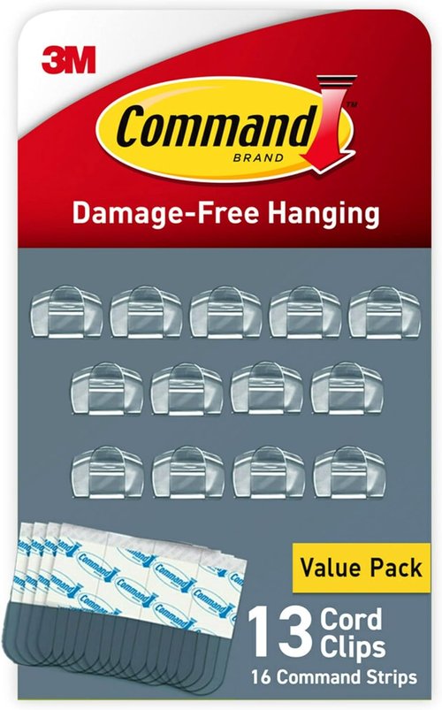 Command Cord Clips - Damage-Free Hanging Cable Clips for Easy Wall Installation | 13 Clear Clips & 16 Strips