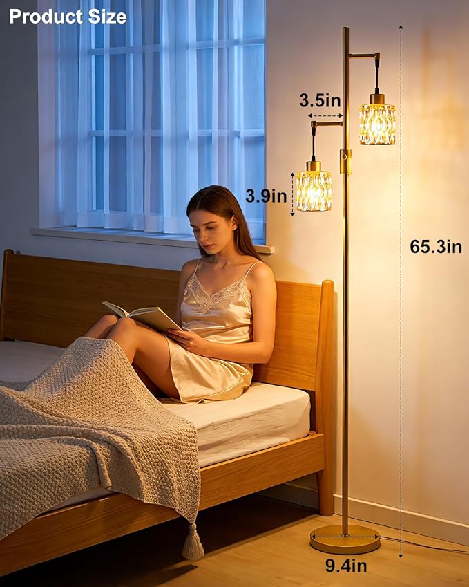 2-Light Gold Floor Lamp, 65IN Tall Standing Lamps Dimmable with Brown Glass Lampshade, 3000K Warmwhite Mid Century Modern Floor Lamp for Living Room/Bedroom