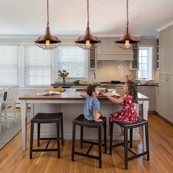Industrial Pendant Lights Kitchen Island 2 Pack Farmhouse Hanging Light Fixtures with Adjustable Chain, Rustic Pendant Lighting with Metal Wire Cage for Barn Dining Room Hallway Foyer