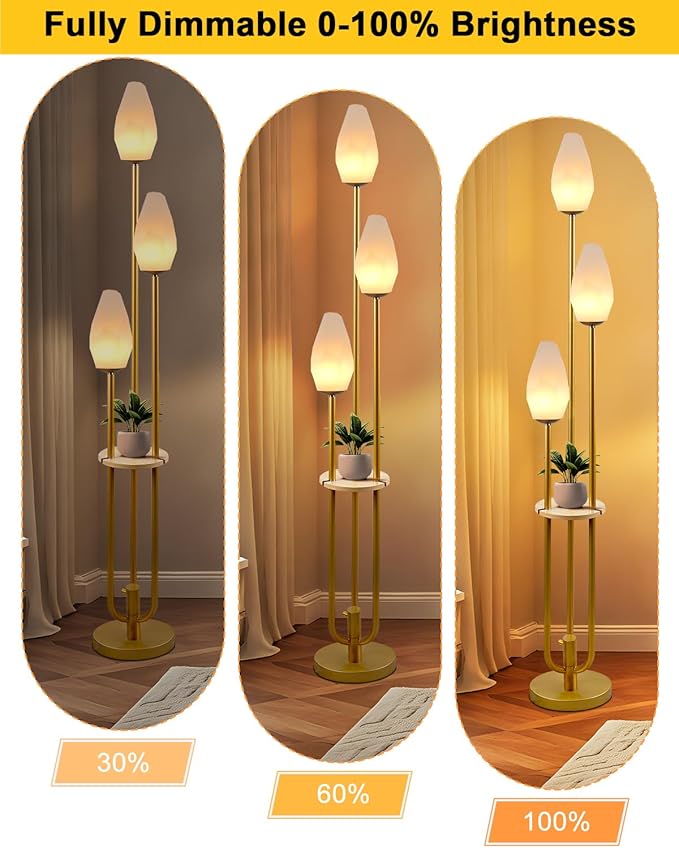 Lightdot Floor Lamp with Tray, 3-Lights Dimmable Floor Lamps with Rock-Shaped Shade, Unique Candle Holder Style Gold Modern Tall Lamp for Living Room/Party/Sofa Beside/Corner Decor(Bulbs Included)