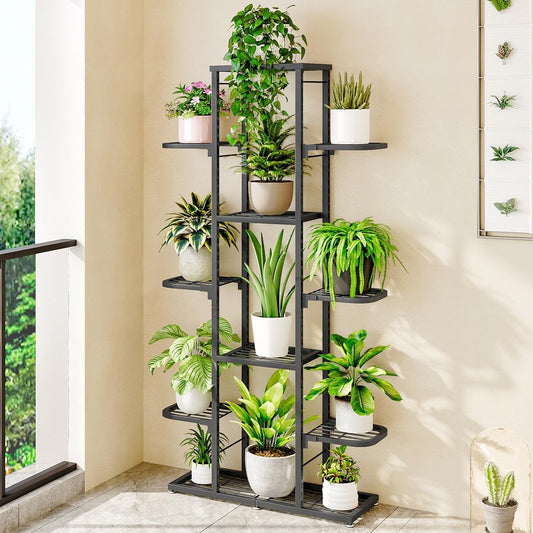 Huloretions 7-Tier Metal Plant Stand, Indoor Corner Shelf for Multiple Plants, Heavy-Duty Steel Flower Pot Holder with Stable Base for Living Room Balcony Patio (Black)