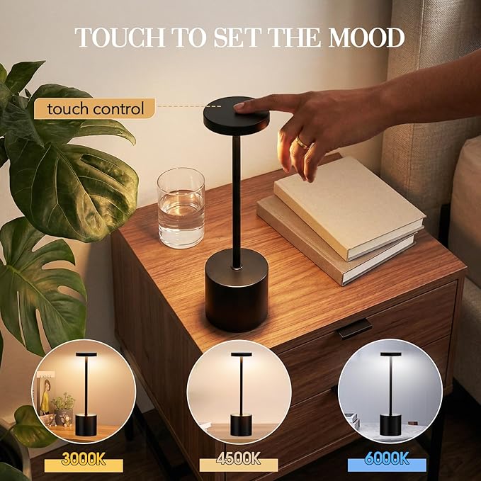Cordless Table Lamp – 2 Pack Rechargeable Table Lamps, 5000mAh Battery Operated Lamp with 3-Color Dimmable Light, Outdoor Table Lamp for Bedroom, Restaurant, Patio, Home Décor (Black)