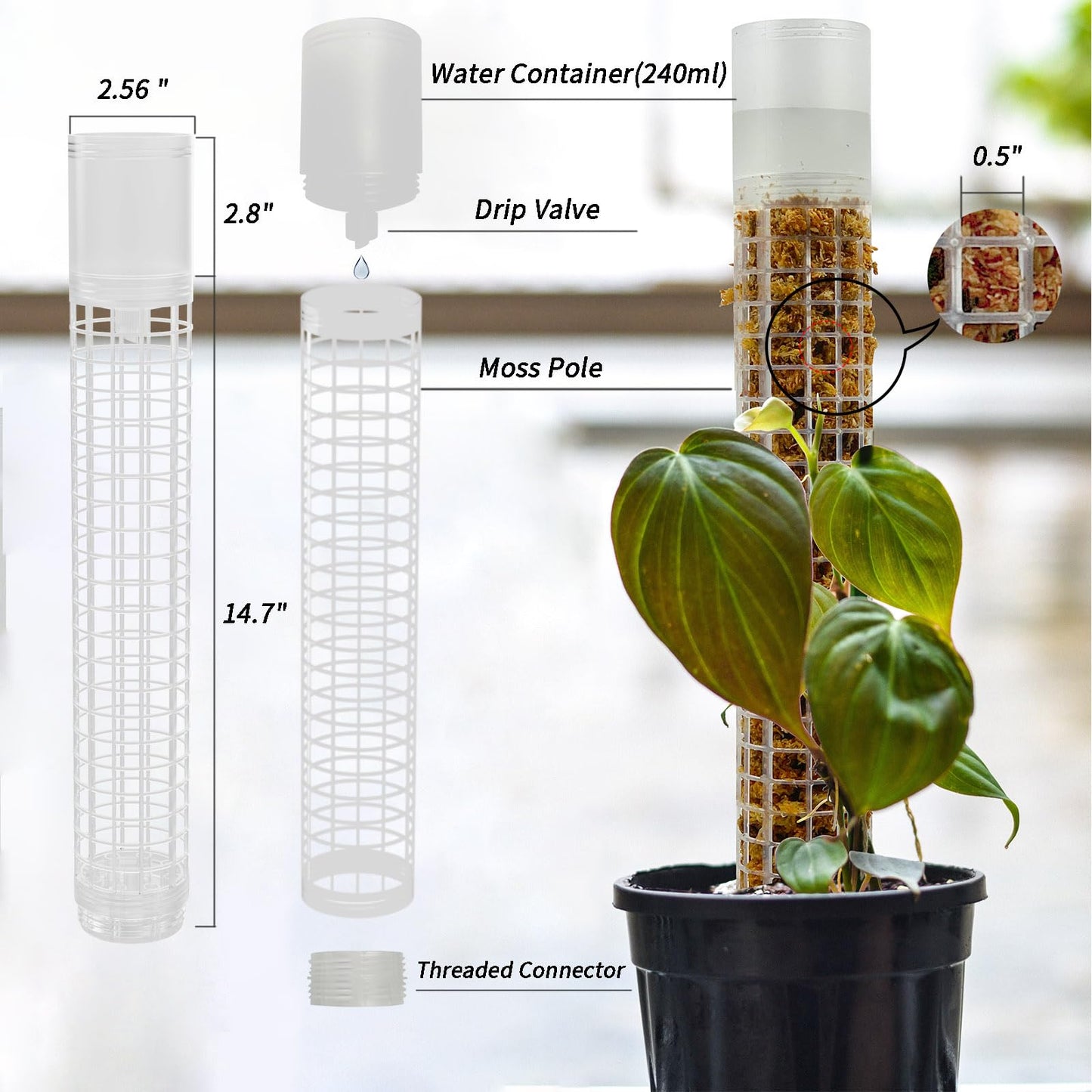 HYYZ Moss Pole 17.4 inch, 2 Pack Monstera Plant Support, Plastic Self-Watering, Stackable Design - Ideal for Medium to Large Plants
