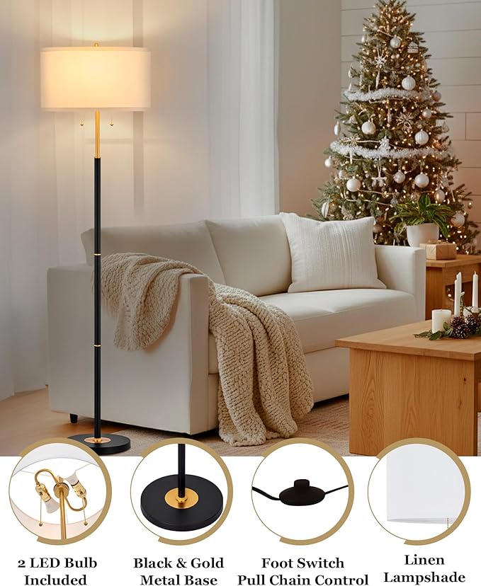 ELYONA 2-Light Floor Lamp Modern Reading Standing Light White Fabric Shade Vintage Tall Pole Corner Lamp for Bedroom Living Room Office 3 Color Temperatures LED Bulbs Include, Black & Brushed Gold