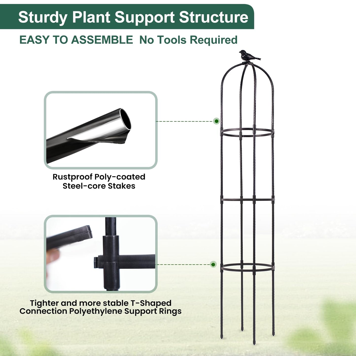 FOLLOOK Garden Obelisk Trellis for Climbing Plants Outdoor, Lightweight Climbing Plant Support Flower Roses Clematis Vegetable Light Vines Round Trellis for Raised Garden Bed Planter, Black, 1 Pack