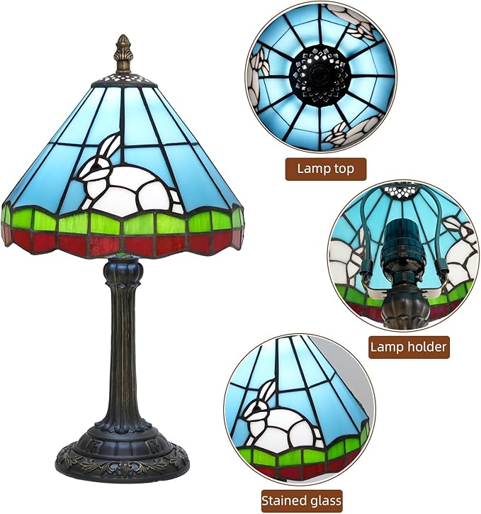 Tiffany lamp 8 inch Small Stained Glass lamp Fairy Tale White Rabbit Bedside lamp Suitable for Bedroom Dormitory Dining Room Living Room Tiffany Style Retro Home Decoration Children's Gift