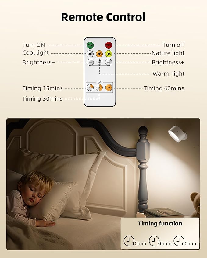 LED Wall Mounted Lights, Rechargeable Wall Sconces Lamp, 3 Color Temps & Remote and Touch, 360°Rotation Dimmable Cordless Wall Light for Study Bedroom Reading Bedside(White, 2 Pack)