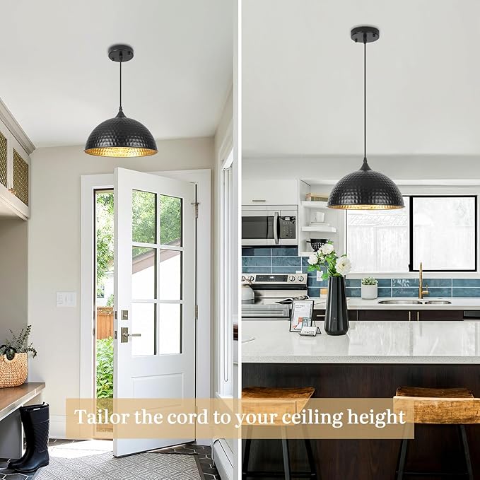 Black Pendant Lights Kitchen Island, 11.8 Inch Hammered Dome Pendant Light, Modern Farmhouse Pendant Light for Kitchen Island, Dining Room, Cafe, Bar, 1 Pack