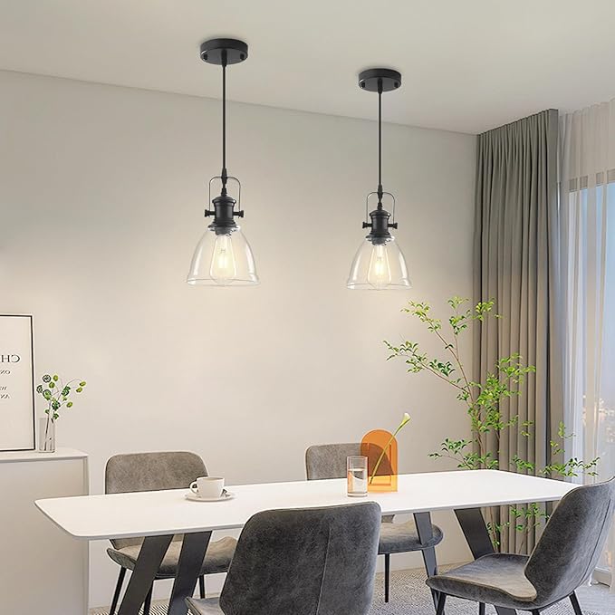 Black Pendant Lights Kitchen Island 2 Pack, Farmhouse Pendant Light, Industrial Clear Glass Pendant Light, 6.5 inches Kitchen Pendant Lighting Over Island Sink Dining Room