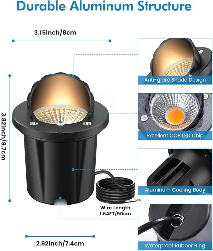 HIBOITEC Low Voltage Landscape Lights, 12W LED Outdoor In-Ground Lights 1200LM Waterproof IP67 Landscape Lighting, Anti-Glare Die-Cast Aluminum Garden Lights for Pathway Tree Yard, 2 Pack
