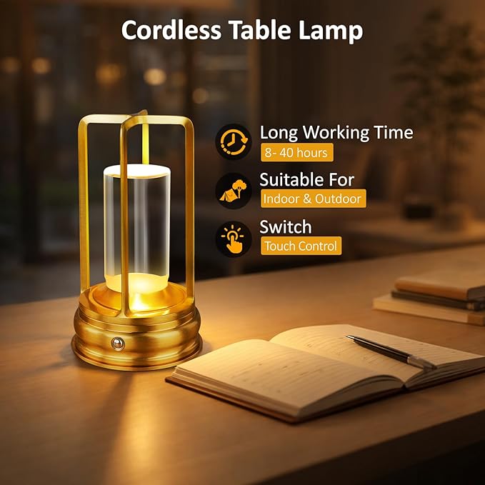 4 Pack Gold Cordless Table Lamp - Portable Rechargeable Lamp, Wireless Lamp for Restaurant Home Dinner Dining Kitchen Outdoor Patio with Metal Construction