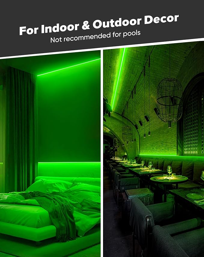 Shine Decor COB LED Rope Light AC 120V, 800lm Ultra Bright, IP65 Waterproof Cold-Resistant ETL Neon Strip, No Driver Tape Lighting for Home Commercial 10x4.5mm, Green, 50ft