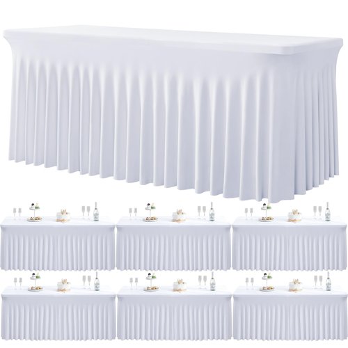 6 Pack Spandex White Table Clothes for 6 Foot Rectangle Tables, Wrinkle Free Stretch Table Cloths 6ft Fitted Tablecover Desk Skirt for Birthday Parties Wedding Banquet Baby Shower