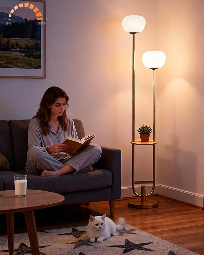 Lightdot 63IN Gold Floor Lamp Dimmable Standing Lamps with Tray, Pumpkin Shades& Bulbs Included, Unique U-Pole Mid Century Modern Tall Lamp for Living Room/Wedding/Party/Sofa Beside/Corner Decor