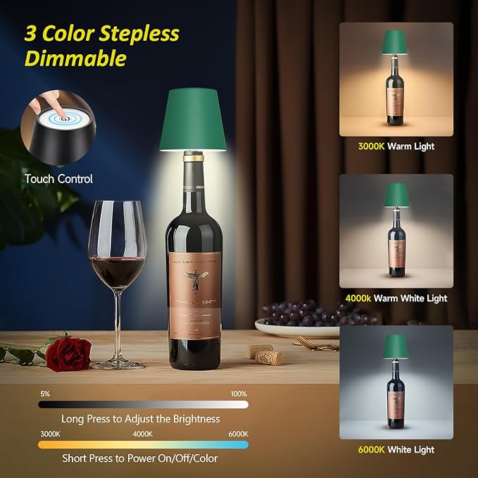 2025 New Wireless Bottle Lamp - LED Bottle Lights for Liquor & Wine Bottles, Cordless Lampshade, Whiskey Bottle Top Light, Bottle Stopper Night Light Kit, Rechargeable 3-Tone Touch-Dimmable