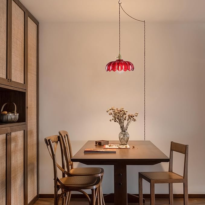 Plug in Pendant Light: Hanging Light Plug in Red Glass Hanging Lamp, Pendant Lighting for Kitchen Island, Bedroom, Dining Room, Living Room, E26 No Bulb