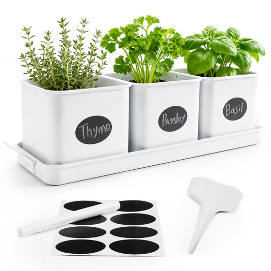 Indoor Herb Garden, Herb Planter Set with Handled Tray, 3 Iron Indoor Plant Pots with Drainage Holes, Windowsill Planter with Customizable Labels, Marker Pen, 10 Plant Labels, Window Pots, White