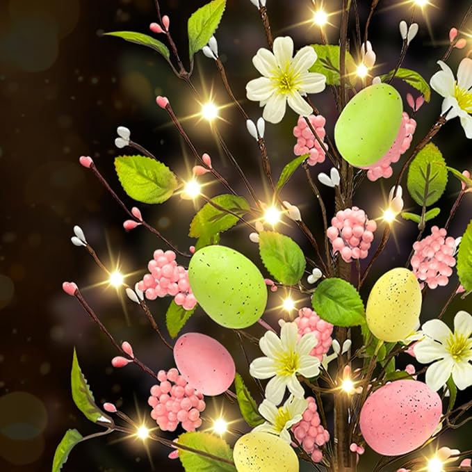 2 Pack & Timer - Easter Decorations, 18 Inch Lighted Easter Tree Tabletop with 40 LED Warm White Lights Colorful Eggs Floral Berries Battery Operated Easter Egg Tree Home Indoor Party Spring Decor