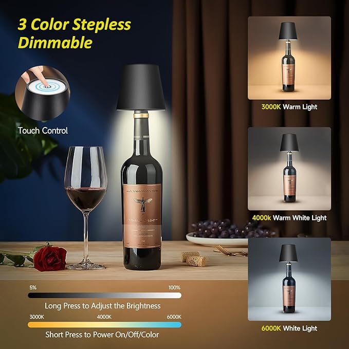 2025 New Wireless Bottle Lamp - LED Bottle Lights for Liquor & Wine Bottles, Cordless Lampshade, Whiskey Bottle Top Light, Bottle Stopper Night Light Kit, Rechargeable 3-Tone Touch-Dimmable