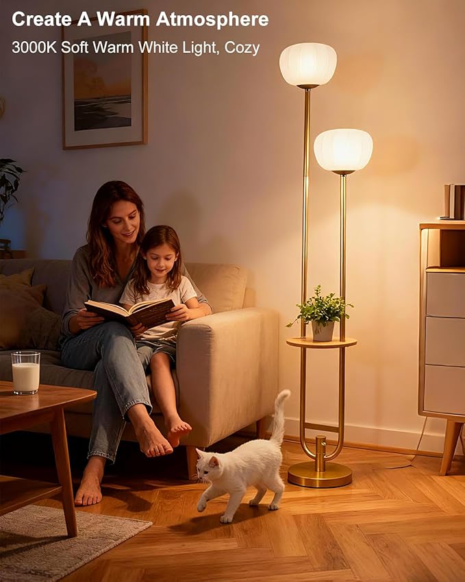 Lightdot 63IN Gold Floor Lamp Dimmable Standing Lamps with Tray, Pumpkin Shades& Bulbs Included, Unique U-Pole Mid Century Modern Tall Lamp for Living Room/Wedding/Party/Sofa Beside/Corner Decor