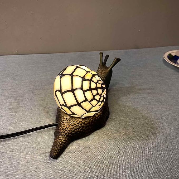Bieye L10988 Land Snail Tiffany Style Stained Glass Accent Table Lamp for Home Decoration (White, 10" D x 5" W x 5" H)