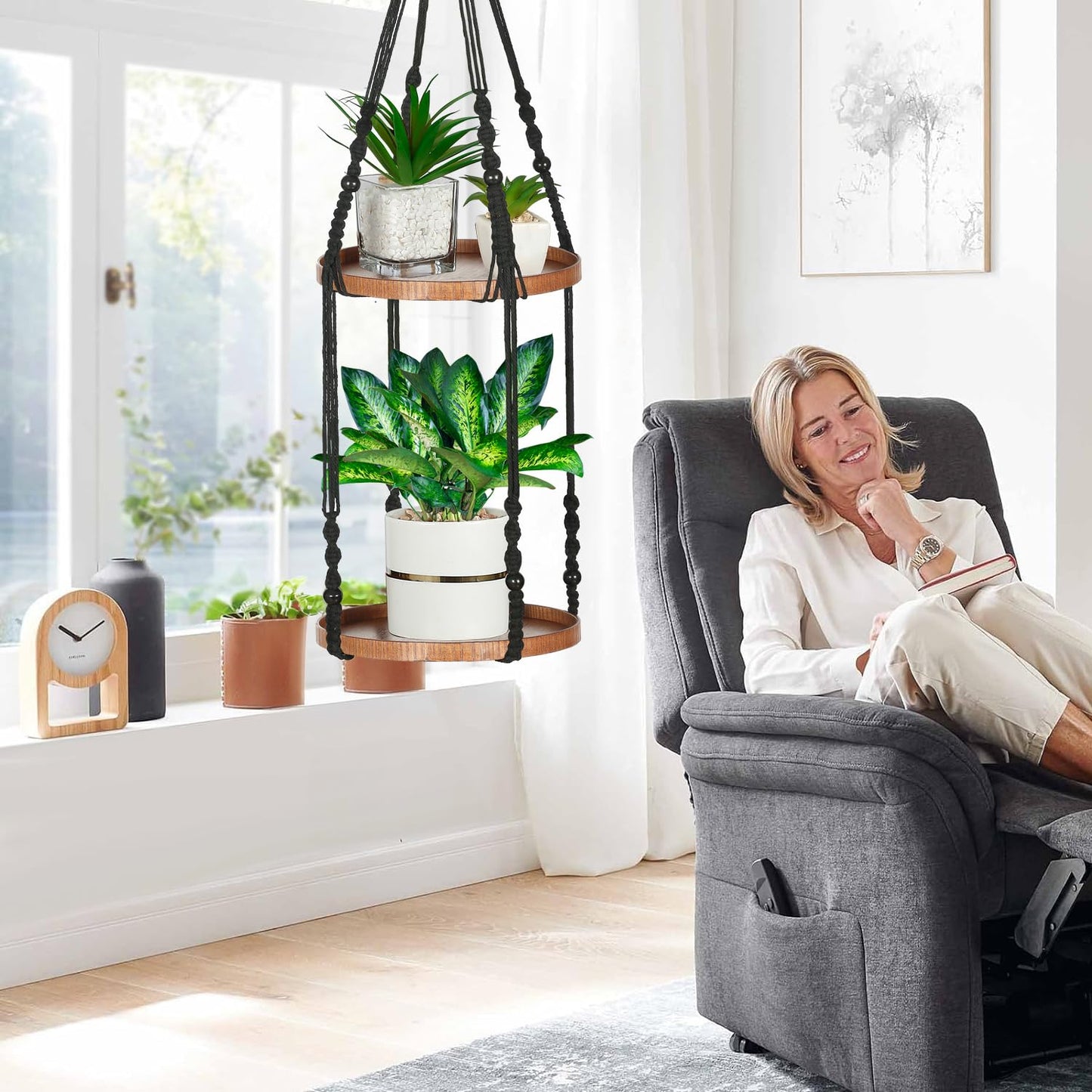 Shineloha 2 Tier Macrame Plant Hanger | Plant Hanger Indoor, Hanging Planter | Hanging Planter Shelf (Black) (Large, 12" Shelf)