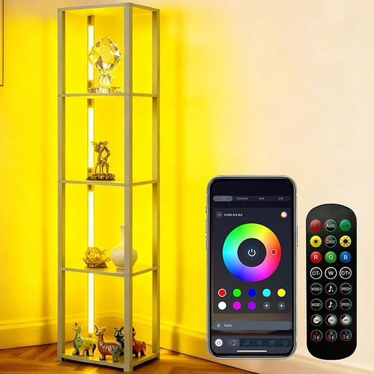 RGBCW Floor Lamp with Shelves, Smart Modern Floor Lamp with Music Sync, LED Color Changing Corner Display Shelf Lamp, Tall Lamps for Living Room and Bedroom, Bookshelf Lamp